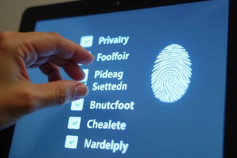 Una mano tocando una pantalla táctil con un icono de huella digital y varias opciones de configuración de privacidad.
